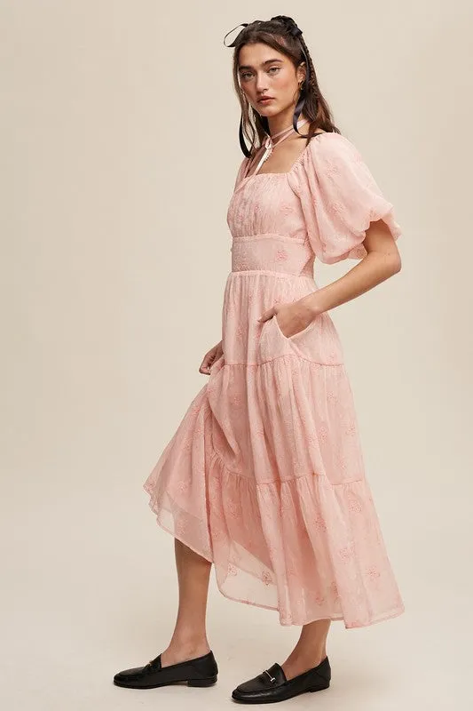 Dee Dee Flower Embroidered Puff Sleeve Maxi Dress