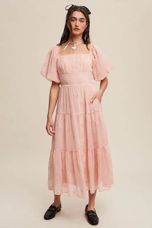 Dee Dee Flower Embroidered Puff Sleeve Maxi Dress