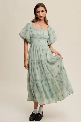 Dee Dee Flower Embroidered Puff Sleeve Maxi Dress