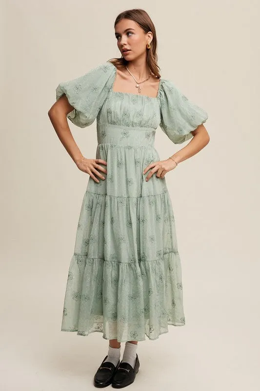 Dee Dee Flower Embroidered Puff Sleeve Maxi Dress