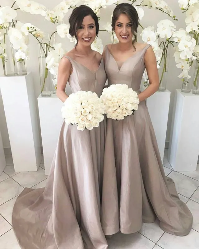 Deep V-neck Long Satin See Through Back Bridesmaid Dresses