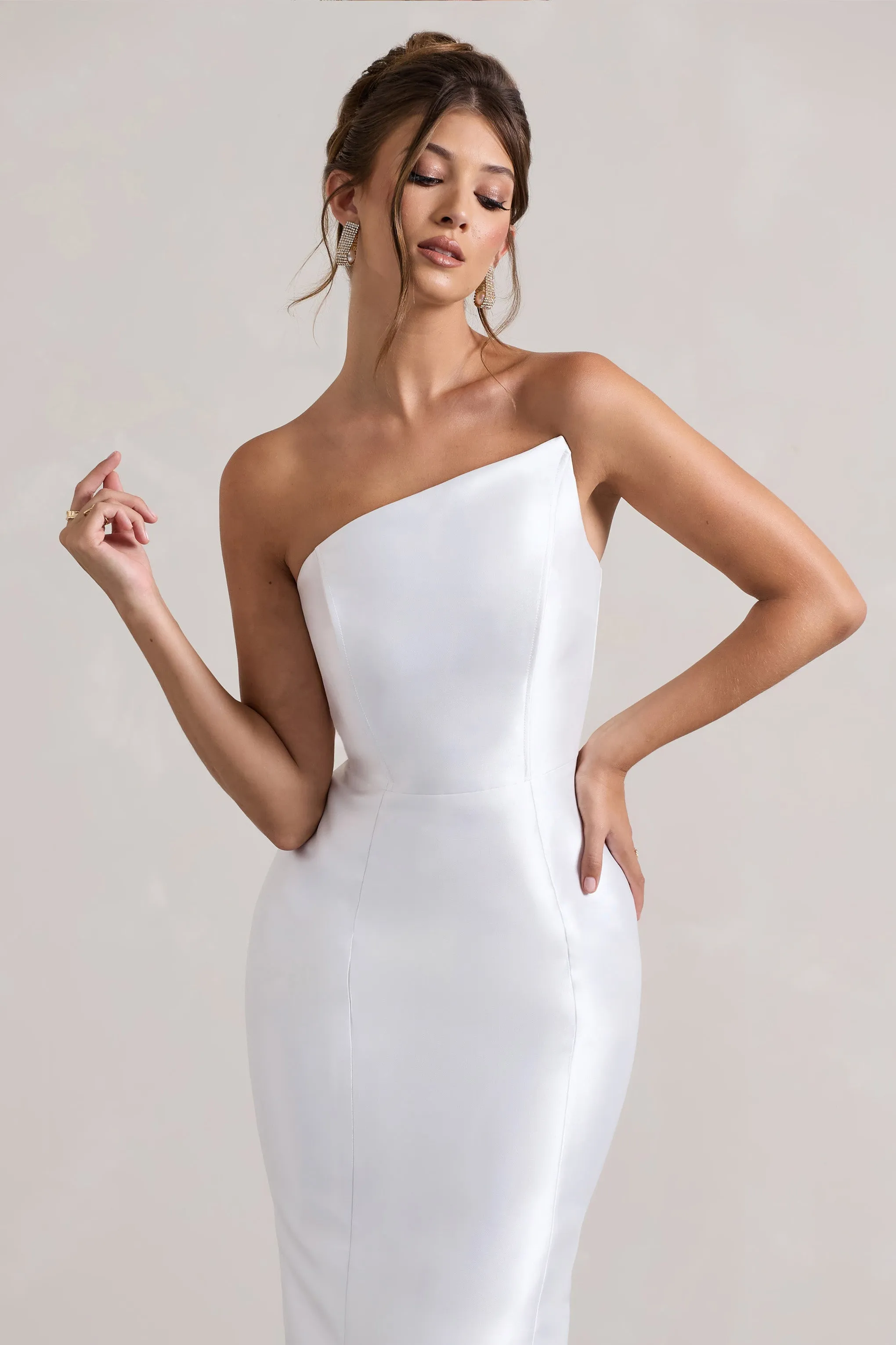 Define | White Satin Asymmetric Fishtail Maxi Dress