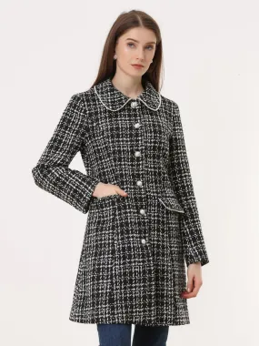 Doll Collar Plaid Tweed Winter Button Elegant Long Coat