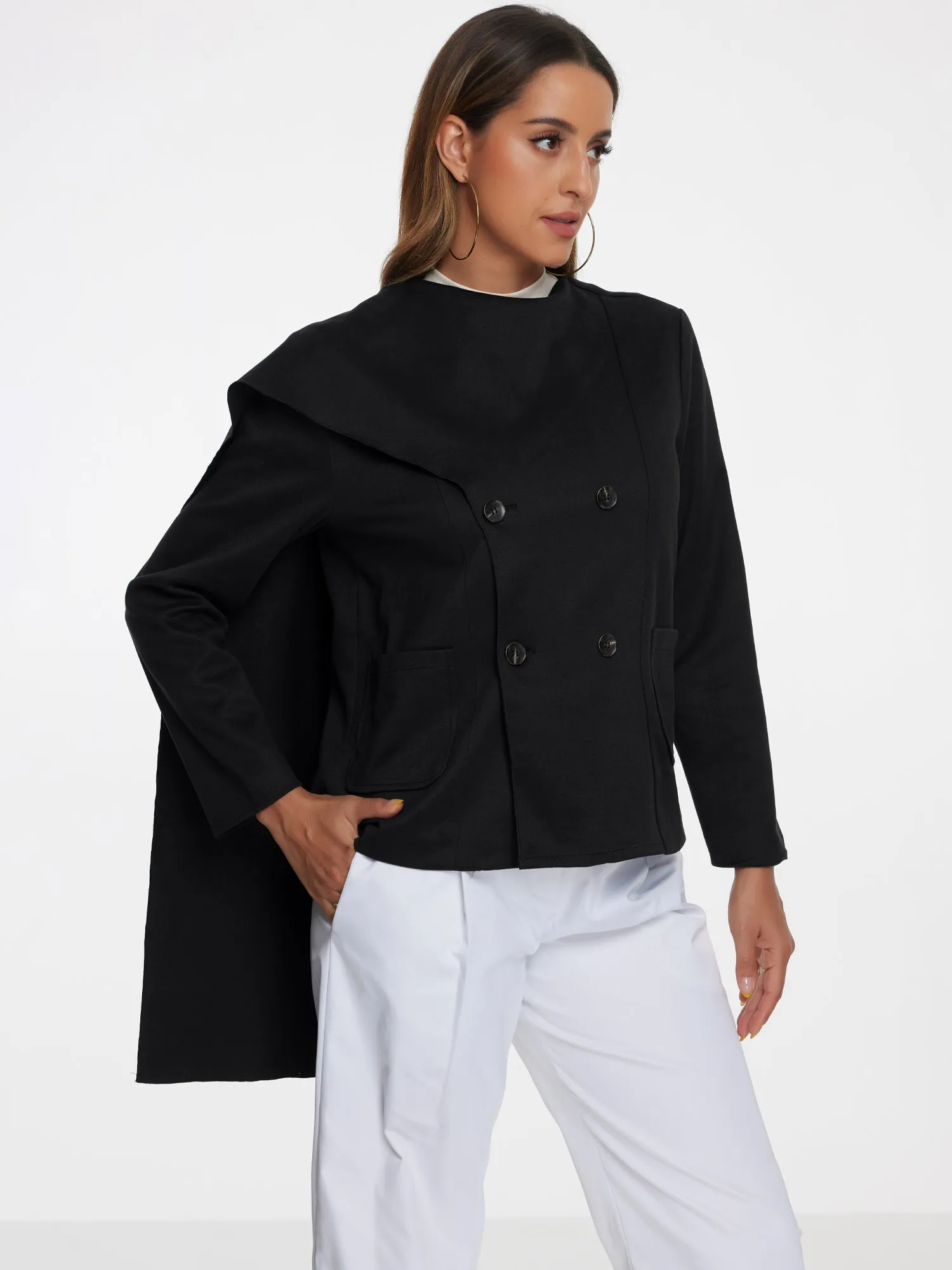 Double Breasted Scarf Long Sleeve Cropped Jacket