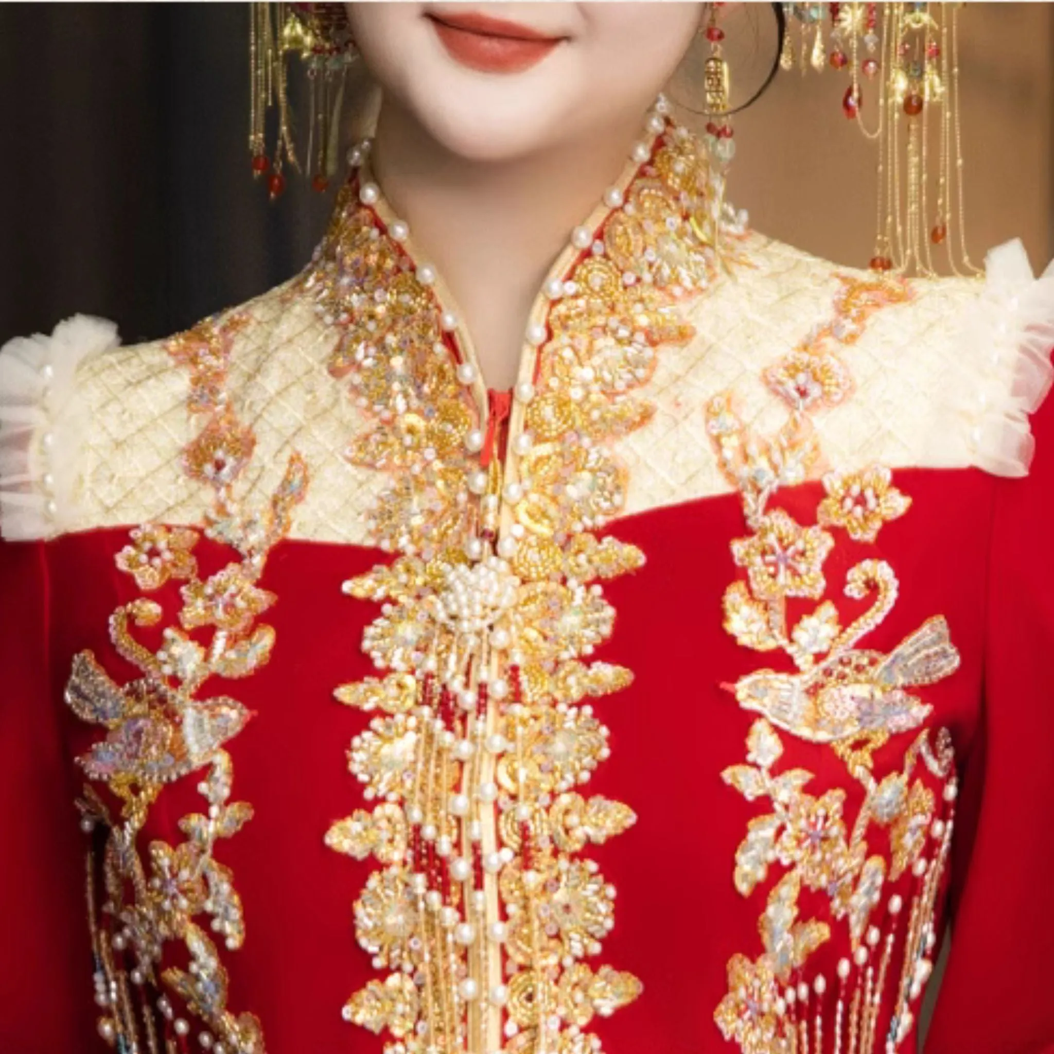 Double Happiness Wine Red with Gold Accents Plus Size Xiuhefu 中式婚纱秀禾服 (Up to 10XL)