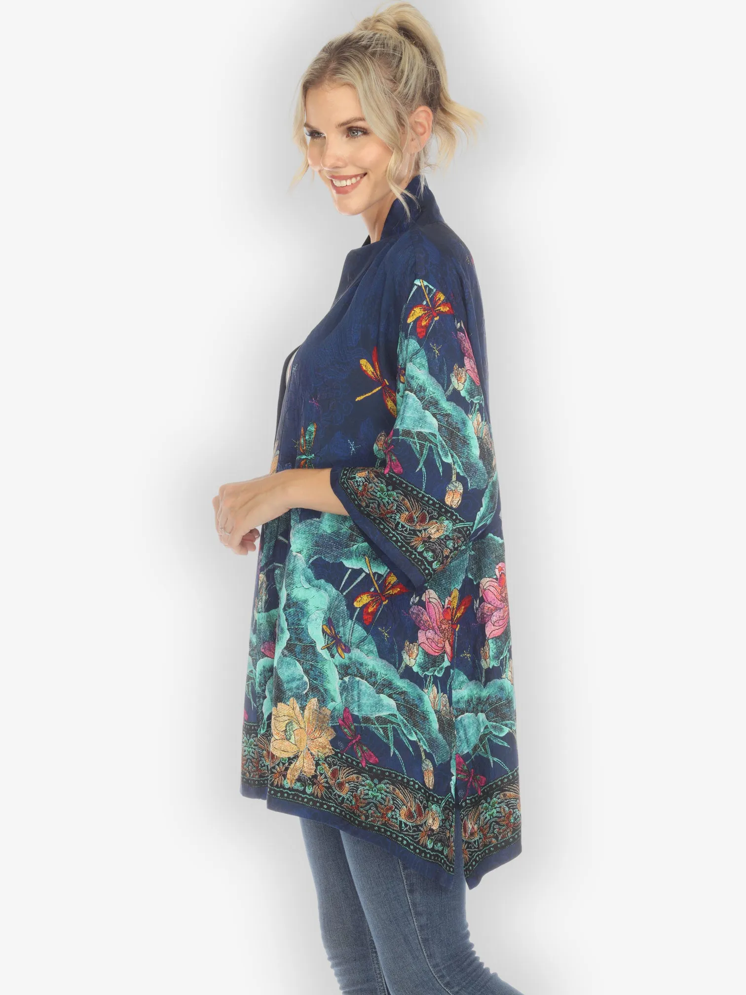 Dragonfly Lotus Turquoise Silk Kimono Top