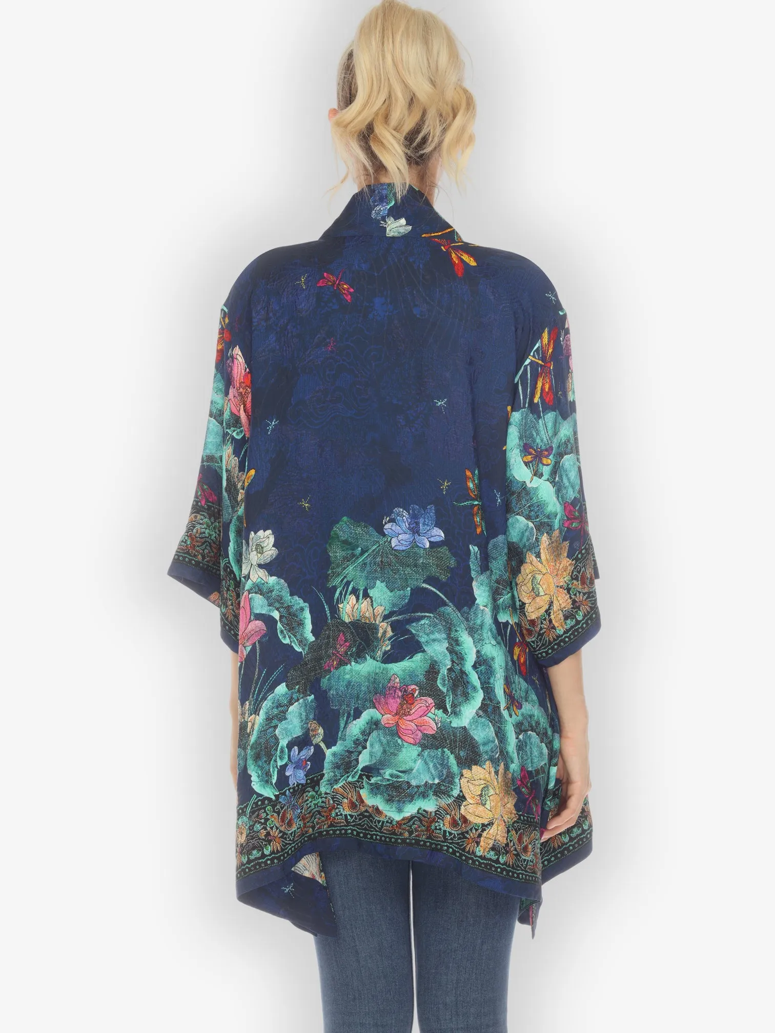 Dragonfly Lotus Turquoise Silk Kimono Top