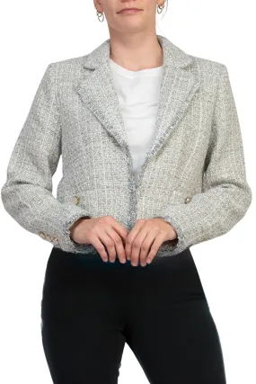 Elie Long Sleeve Tweed Metallic Open-Front Blazer With Patch Pockets With Metal Chain Logo Bar