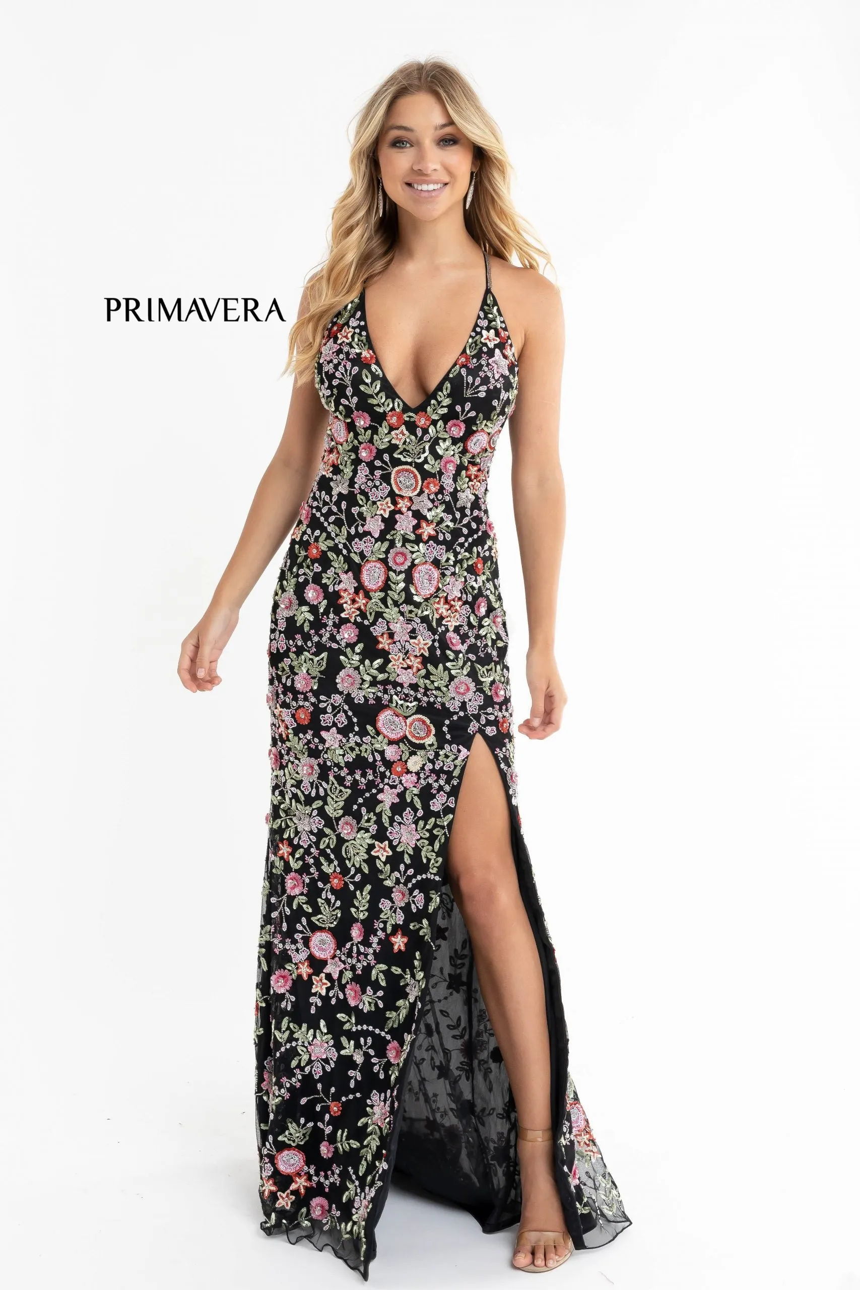 Everly | Floral Beaded Halter Neck Gown | Primavera 3073