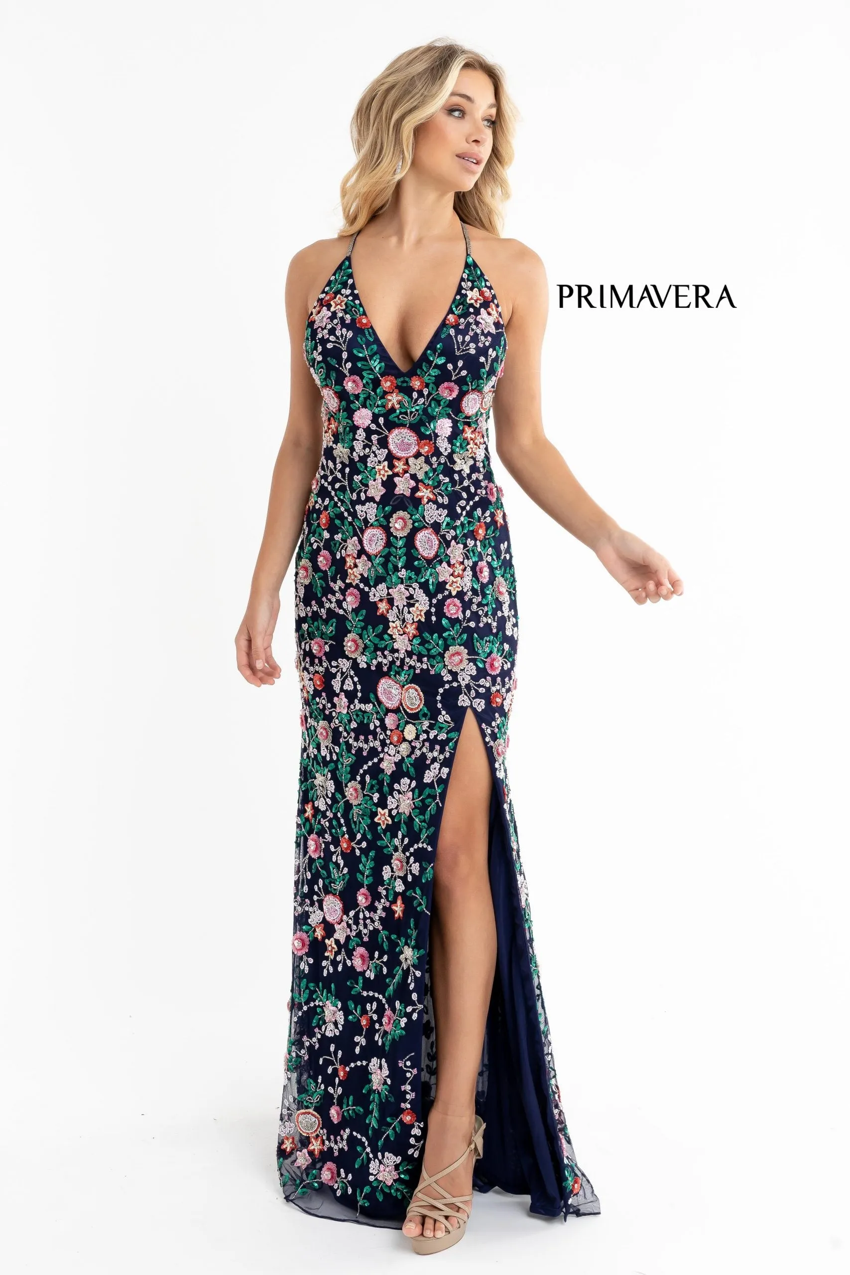 Everly | Floral Beaded Halter Neck Gown | Primavera 3073