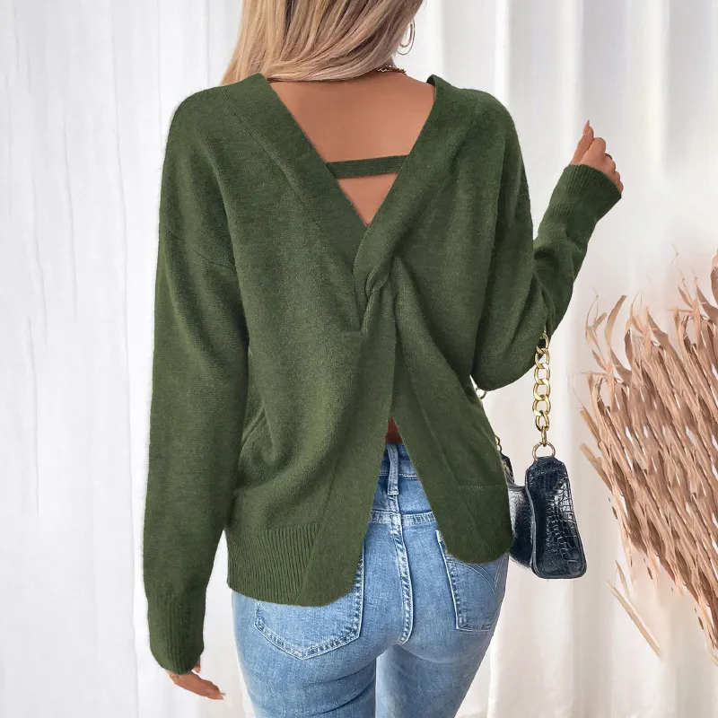 Fall Twist-Back V-Neck Knit Sweater