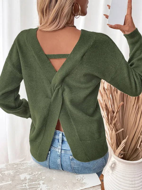 Fall Twist-Back V-Neck Knit Sweater