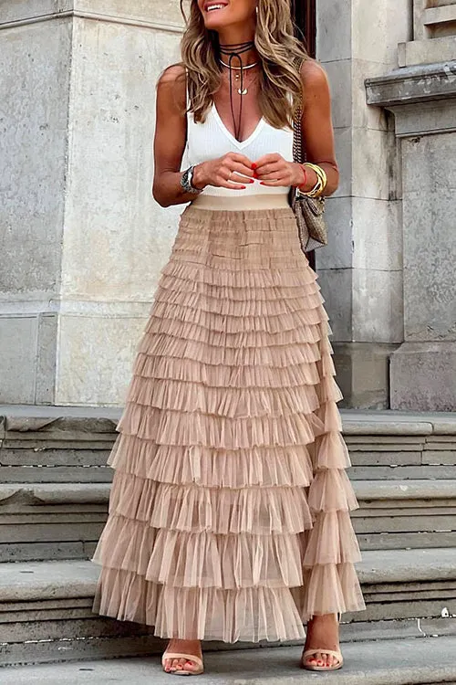 Febedress Ruffle Layered Mesh A-line Long Tulle Skirt