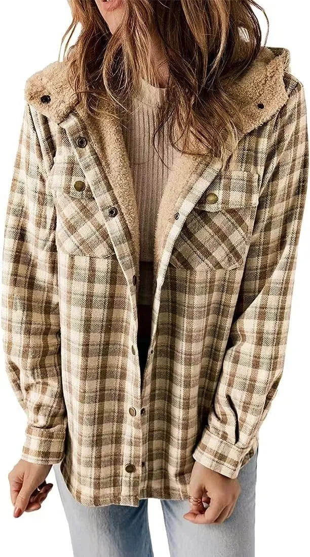 Female Casual Plaid Hooded Woolen Coat Thickened Fleece-lined Warm Jacket