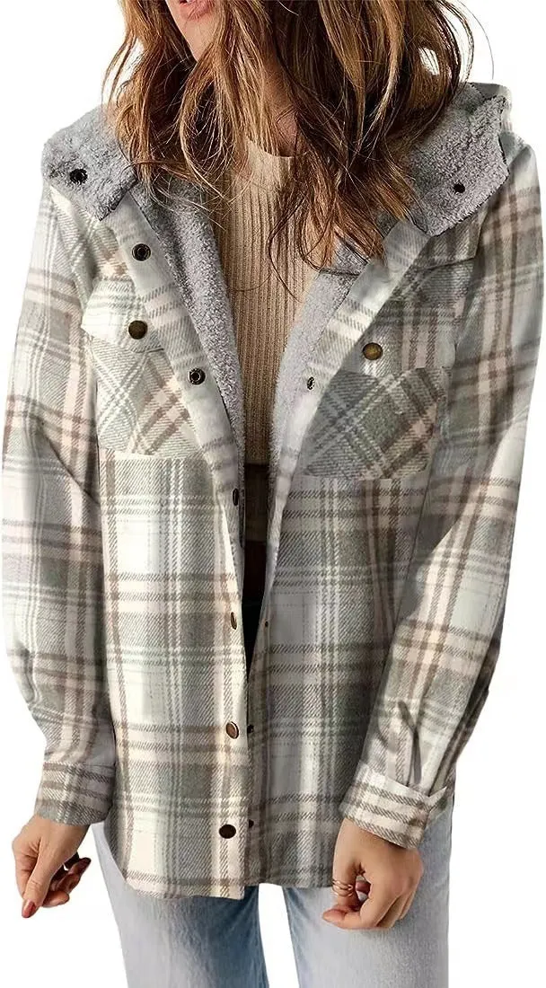 Female Casual Plaid Hooded Woolen Coat Thickened Fleece-lined Warm Jacket