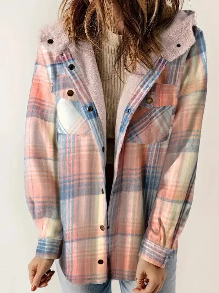 Female Casual Plaid Hooded Woolen Coat Thickened Fleece-lined Warm Jacket