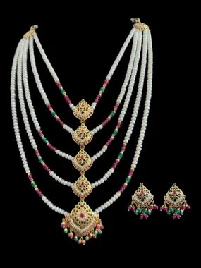 Five layer necklace with earrings in silver - gold plated , ruby emerald ( READY TO SHIP )