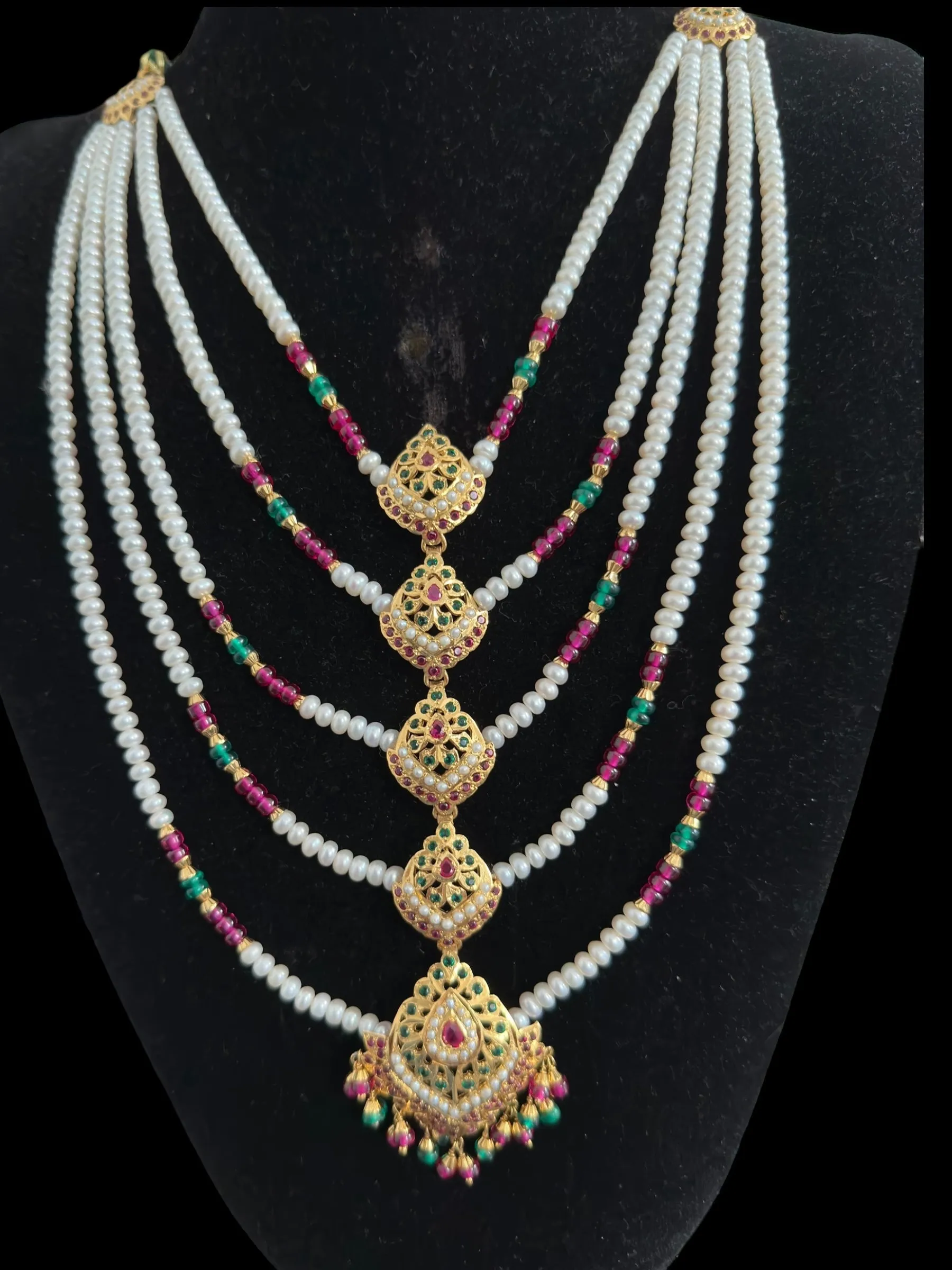 Five layer necklace with earrings in silver - gold plated , ruby emerald ( READY TO SHIP )