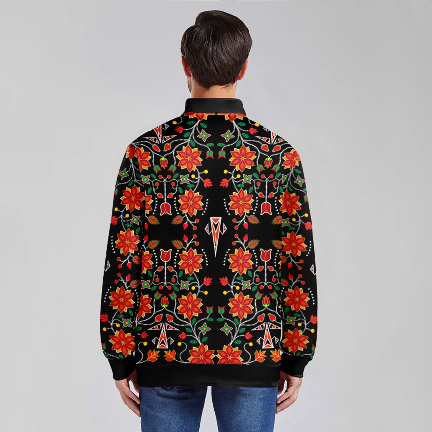 Floral Beadwork Six Bands Youth Zippered Collared Lightweight Jacket