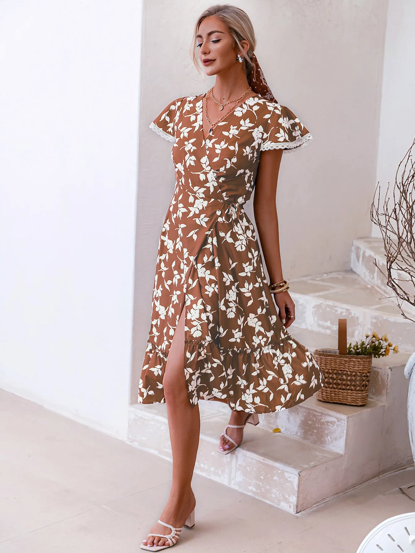 Floral Lace Trim Tie-Waist Surplice Wrap Dress