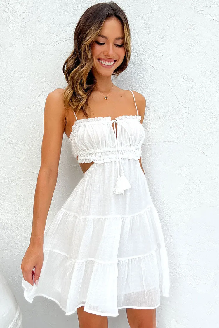 Flowy Frilled Tie Neck Cutout Ruched Flared Summer Mini Sundress - White