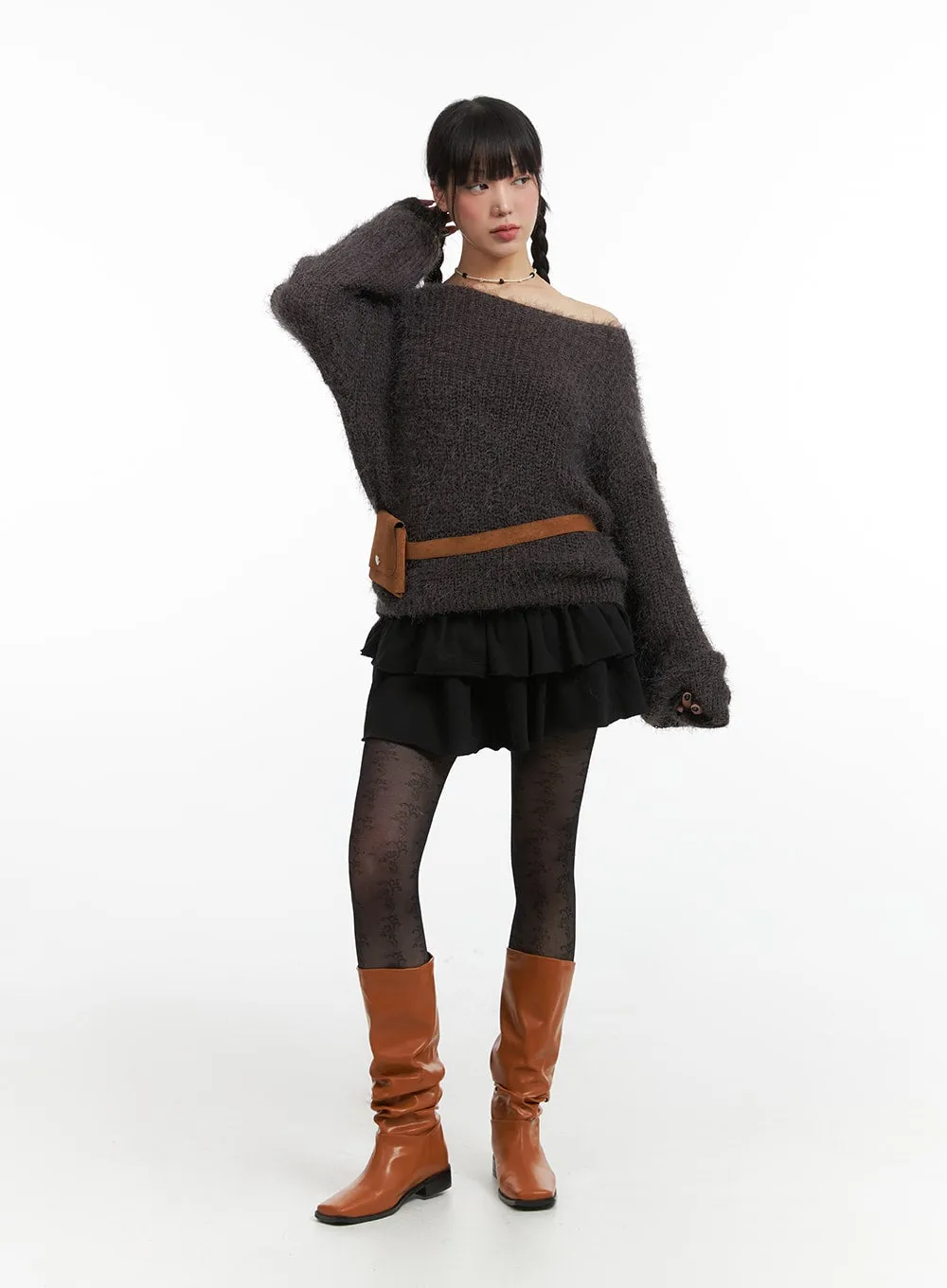 Fuzzy Boat Neck Knit Sweater IJ410