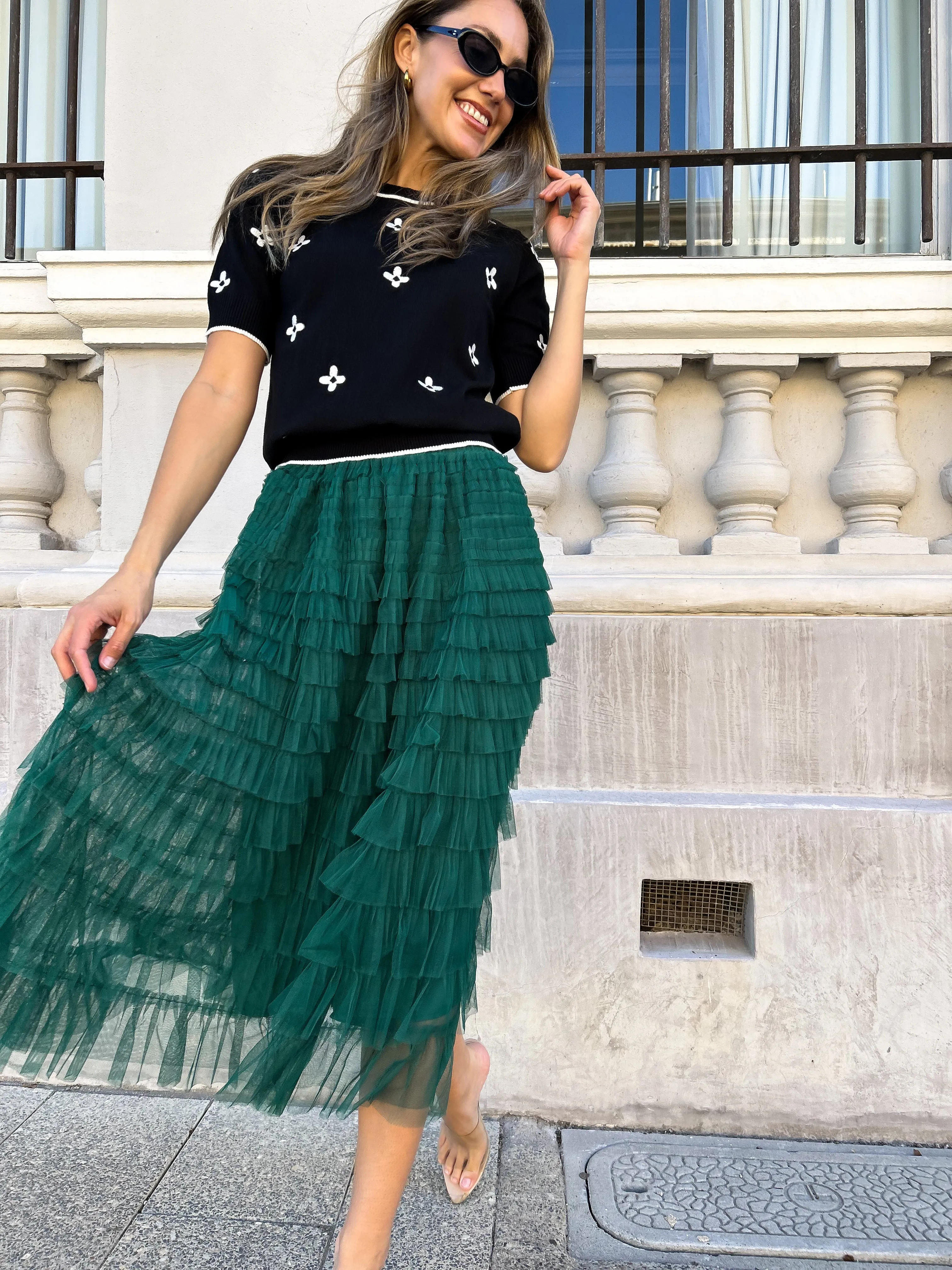 GIZA Tulle Feathered Maxi Skirt - Emerald