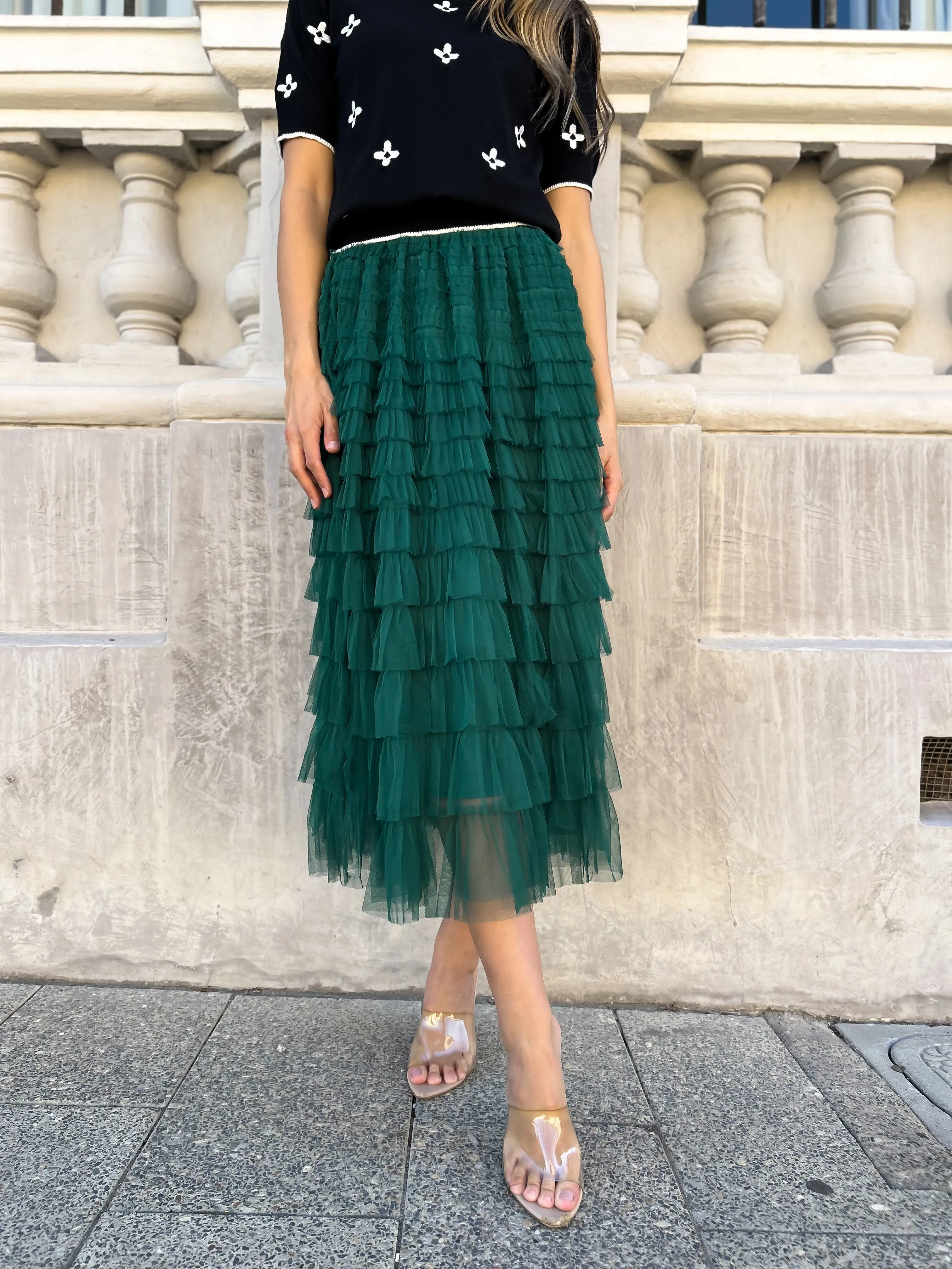 GIZA Tulle Feathered Maxi Skirt - Emerald