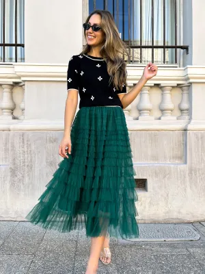 GIZA Tulle Feathered Maxi Skirt - Emerald