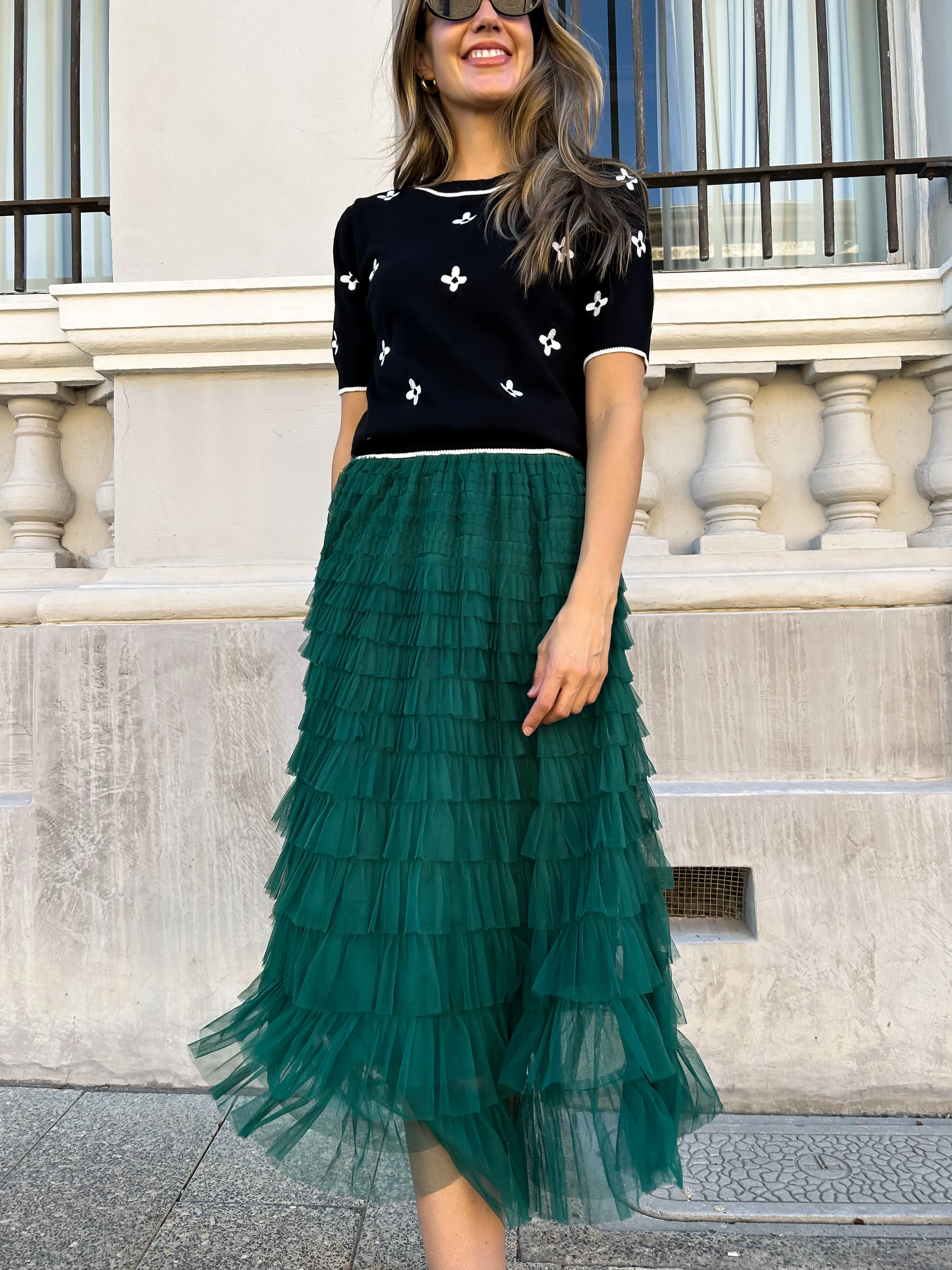 GIZA Tulle Feathered Maxi Skirt - Emerald