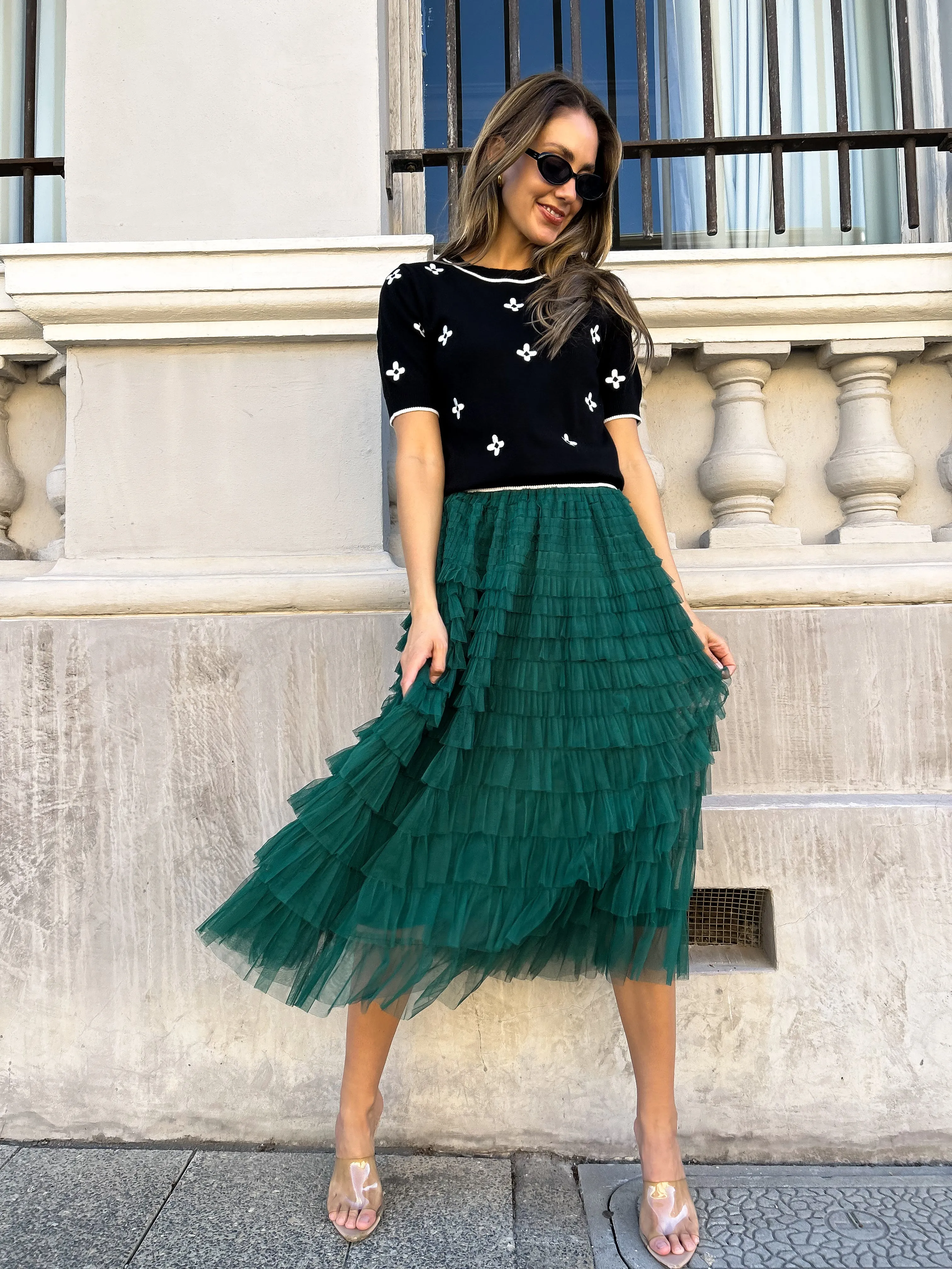 GIZA Tulle Feathered Maxi Skirt - Emerald