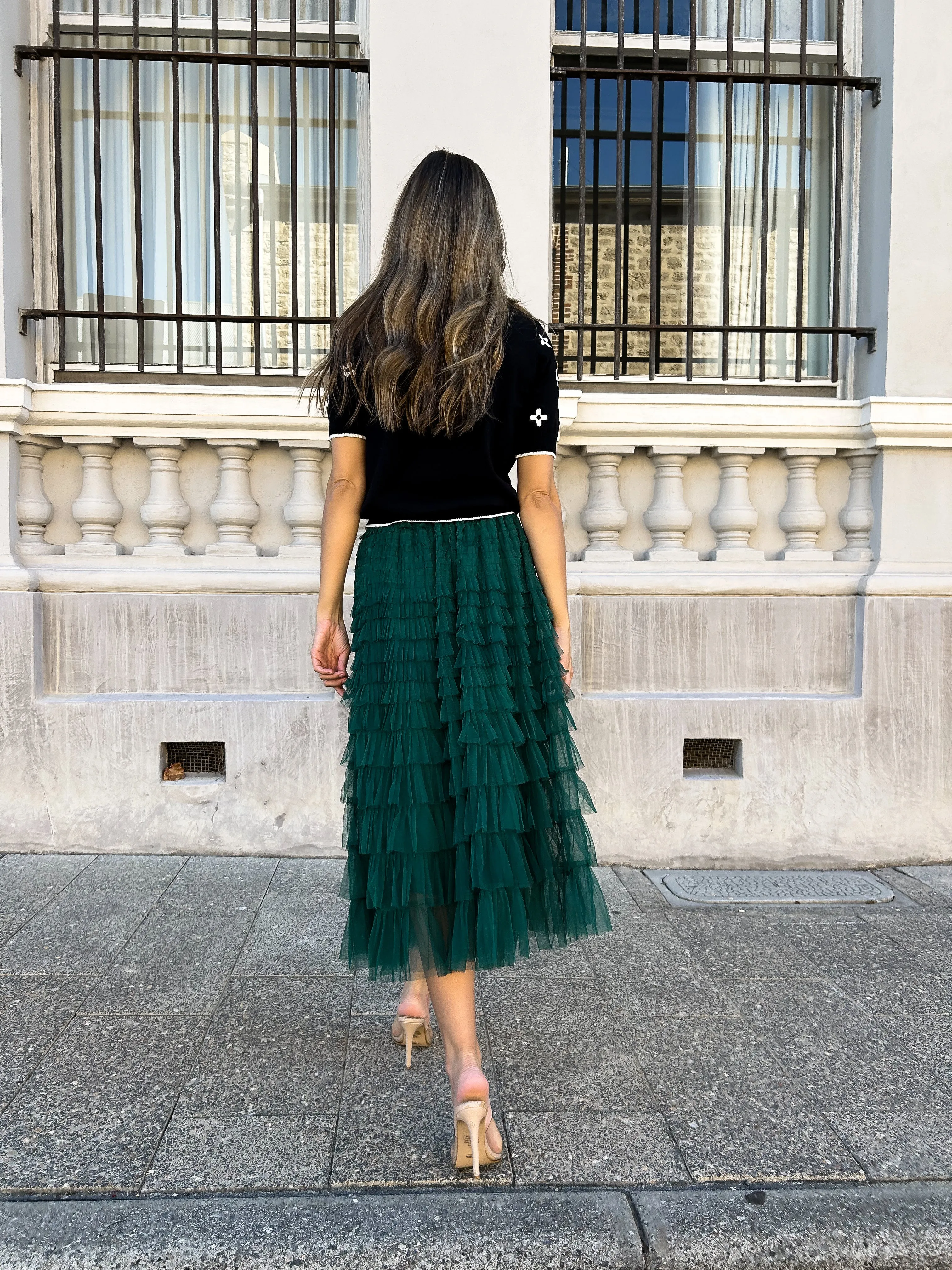 GIZA Tulle Feathered Maxi Skirt - Emerald