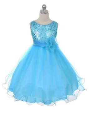 Glittery Sequined Bodice and Double Layered Mesh Dress - Turquoise