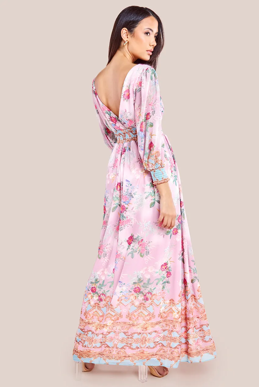 Goddiva Chiffon Wrap Border Floral Print Maxi Dress - Pink