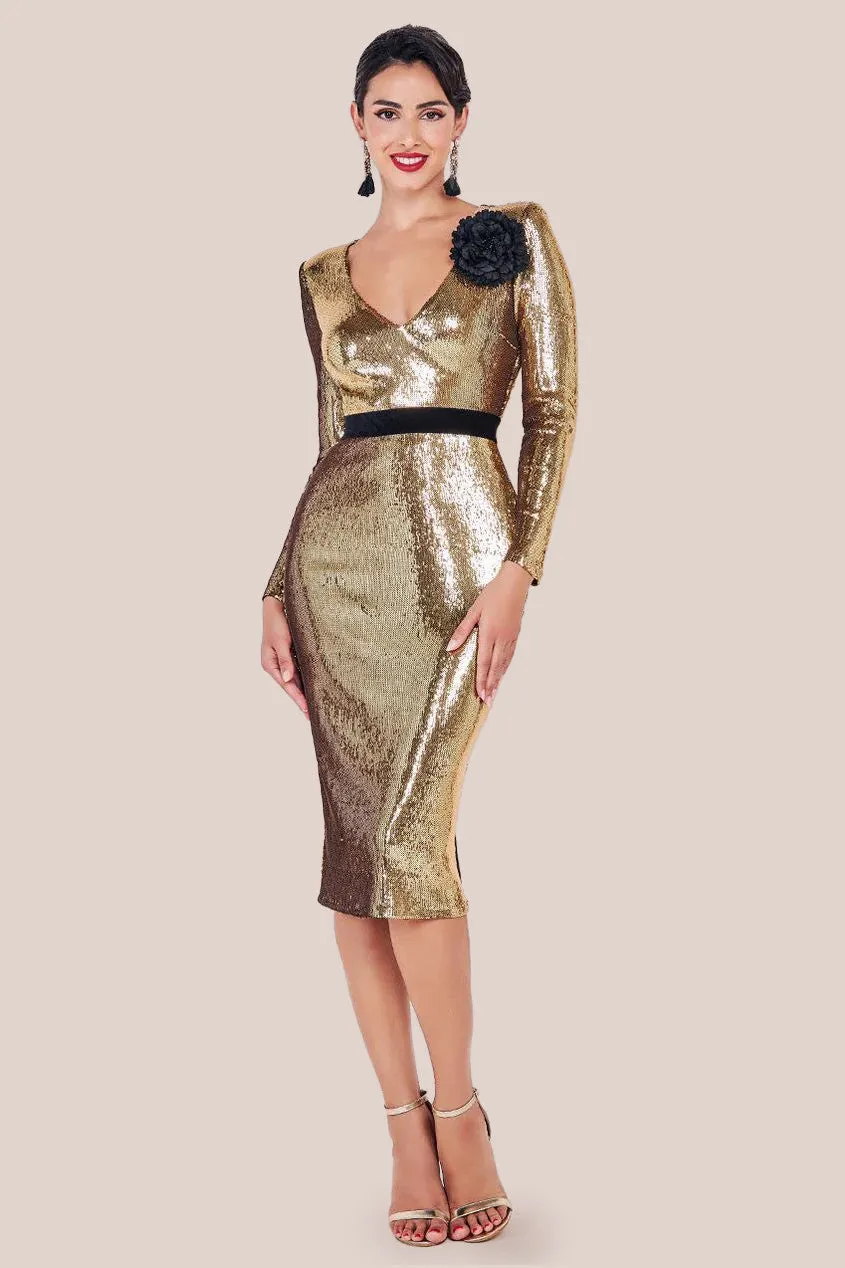 Goddiva Liquid Sequin Midi With Corsage - Gold