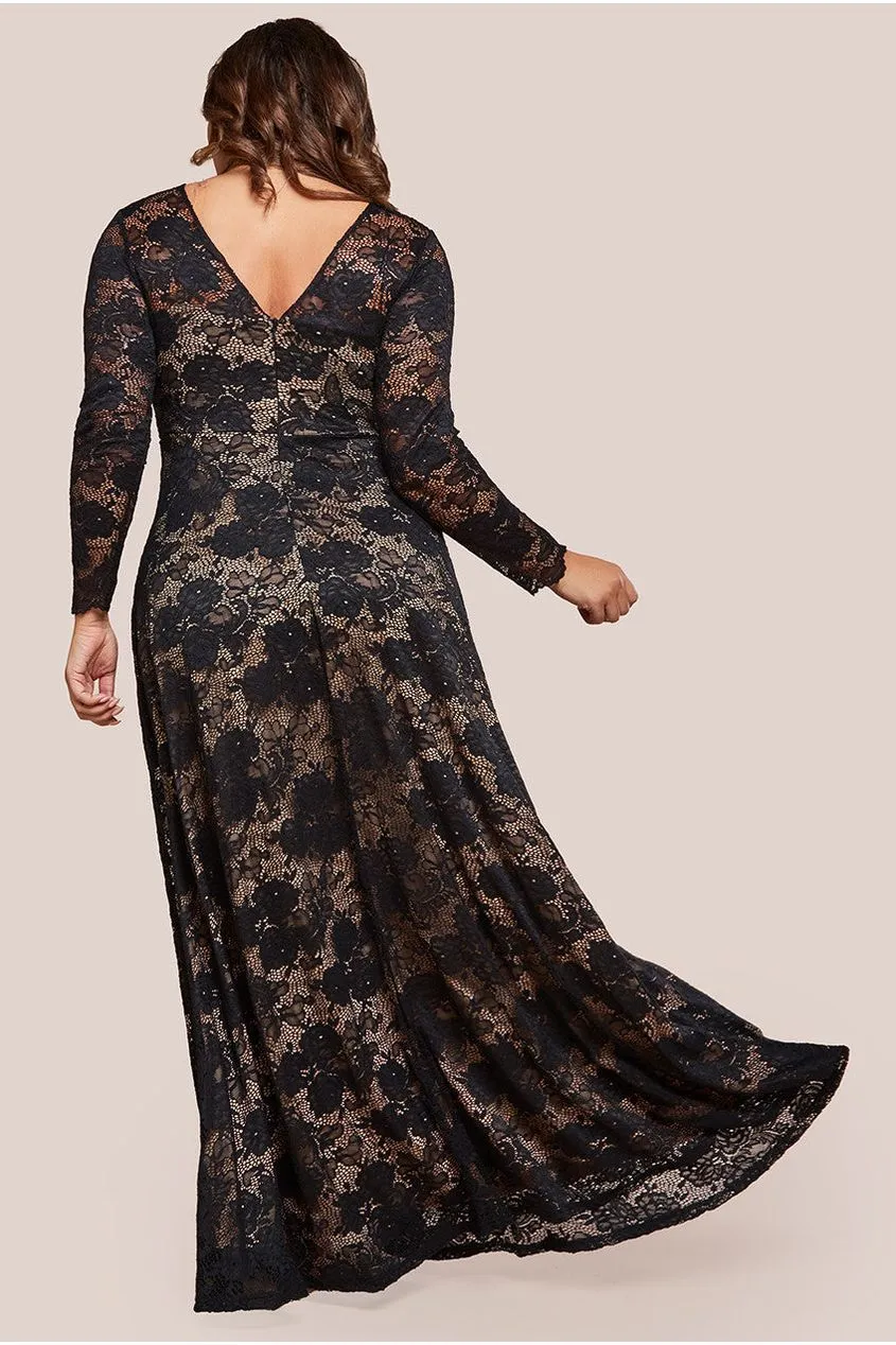 Goddiva Plus Scalloped Lace A-Line Maxi Dress - Black