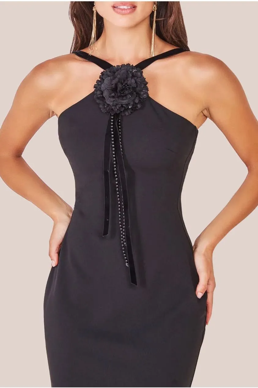 Goddiva Racer Neck Corsage Scuba Maxi - Black