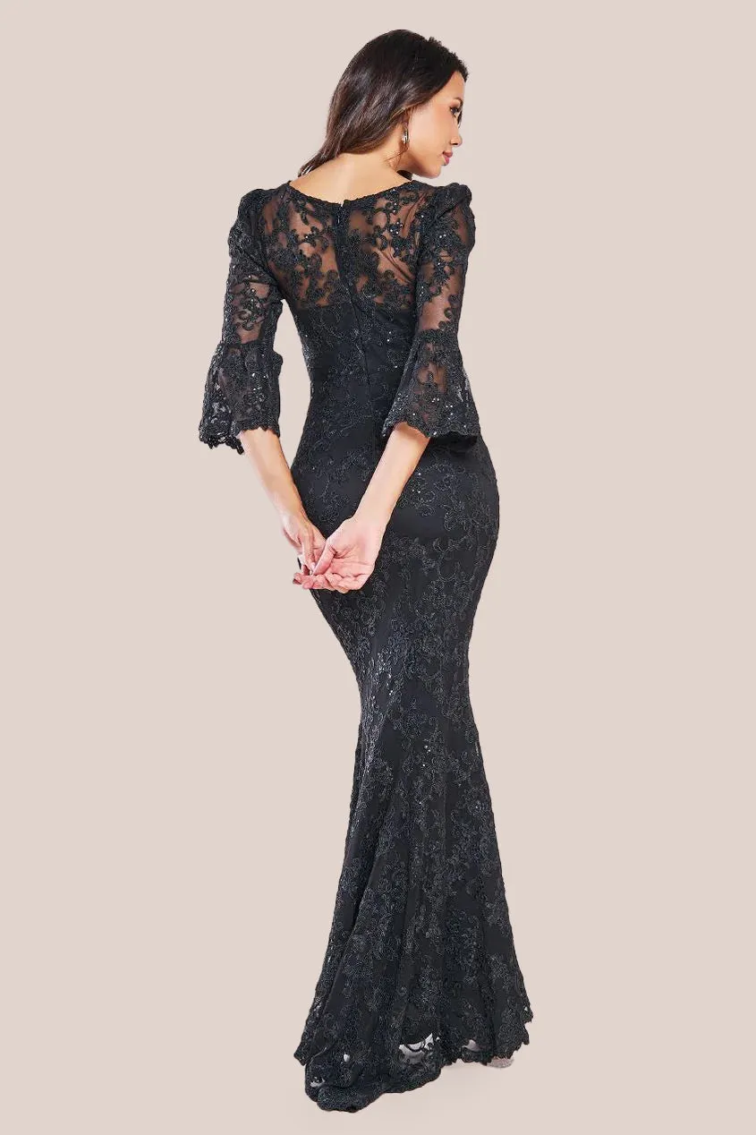 Goddiva Scalloped Lace Maxi Dress - Black