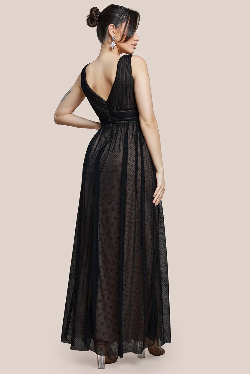 Goddiva Sleeveless Pleated Dobby Mesh Corsage Maxi Dress - Black