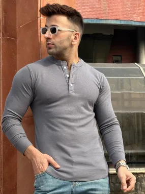 Grey Waffle Knit Henley Neck T-Shirt