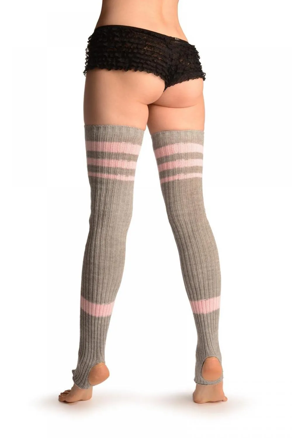 Grey With Baby Pink Referee Stripes Stirrup Dance/Ballet Leg Warmers