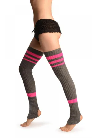 Grey With Pink Referee Stripes Stirrup Dance/Ballet Leg Warmers