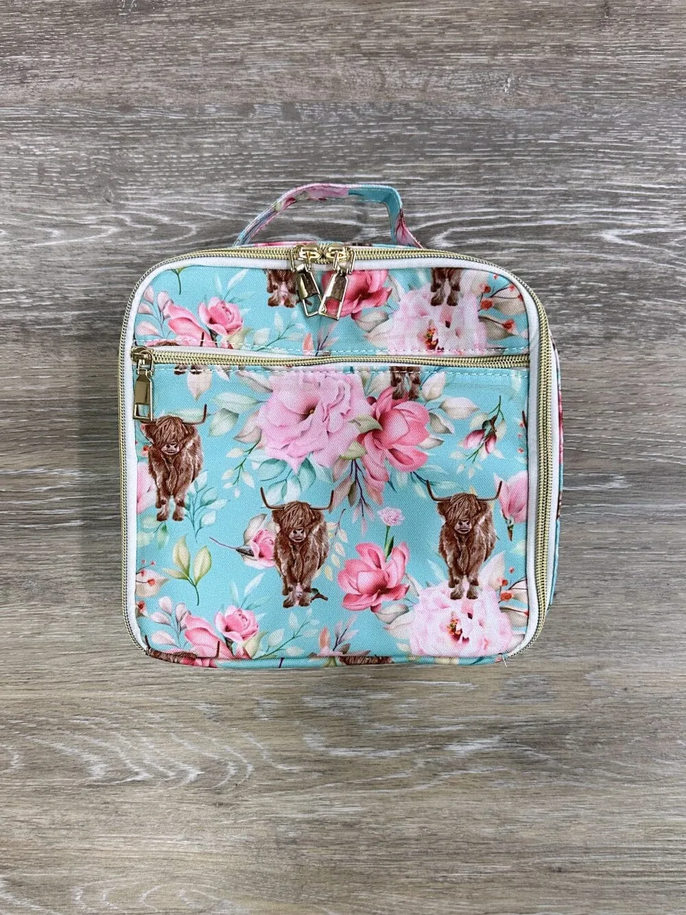 Highland Cow Pink & Blue Floral Lunch Box