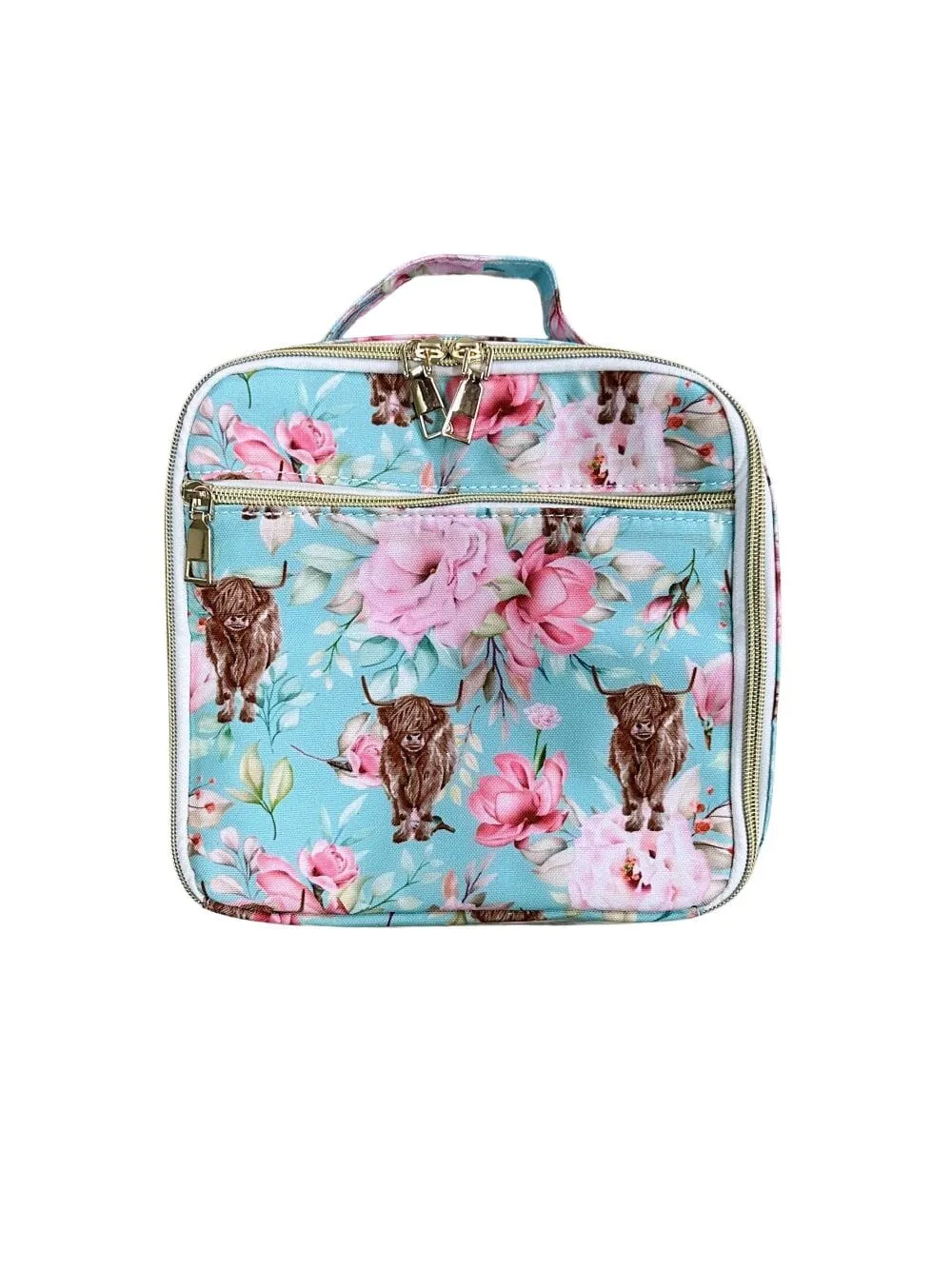 Highland Cow Pink & Blue Floral Lunch Box