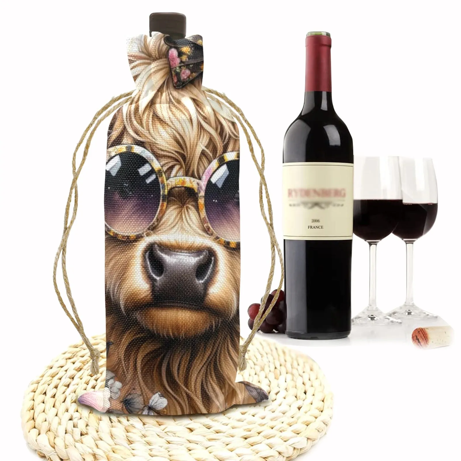 Highlander Cow awd701 Linen Wine Bottle Bag