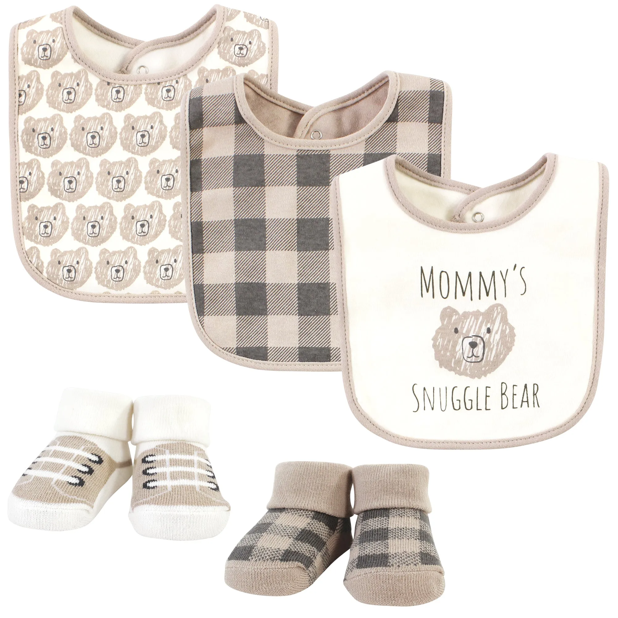 Hudson Baby Cotton Bib and Sock Set, Snuggle Bear