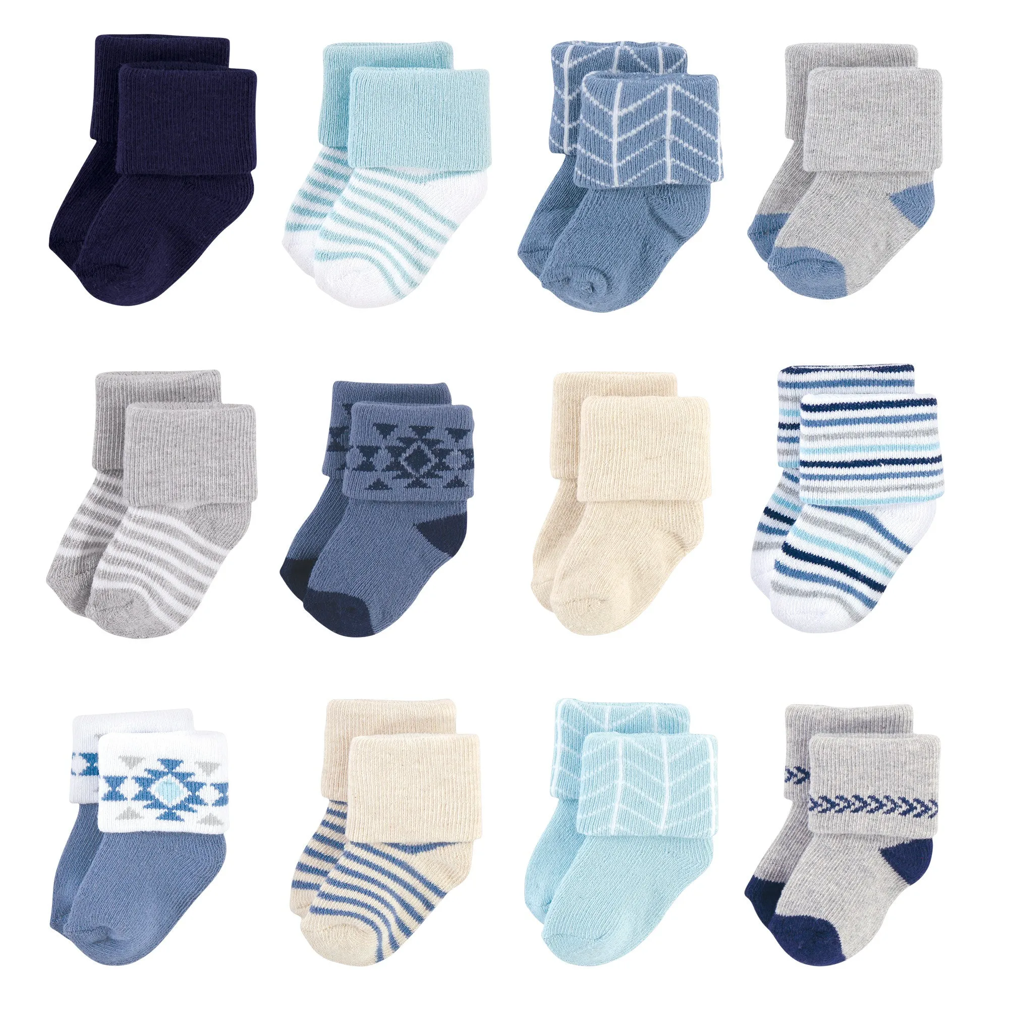 Hudson Baby Cotton Rich Newborn and Terry Socks, Blue Gray Aztec