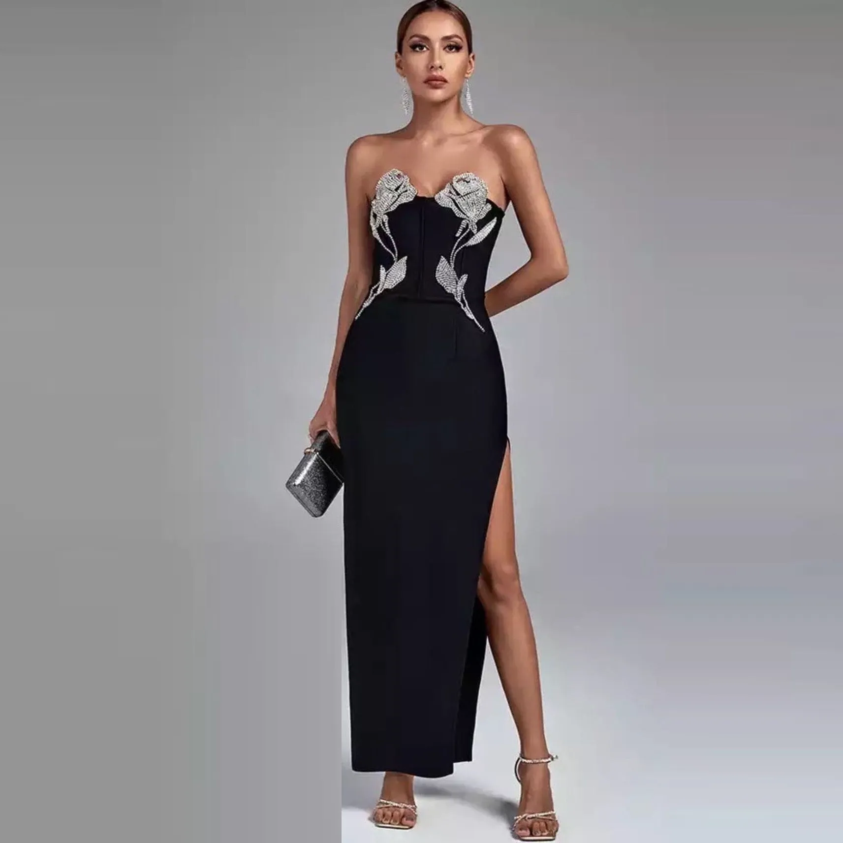 IKEARLAX  European Station High-End Affordable Luxury Diamond Applique Tube Top Dress Design Sense off-Shoulder Black Dress Daily Dress