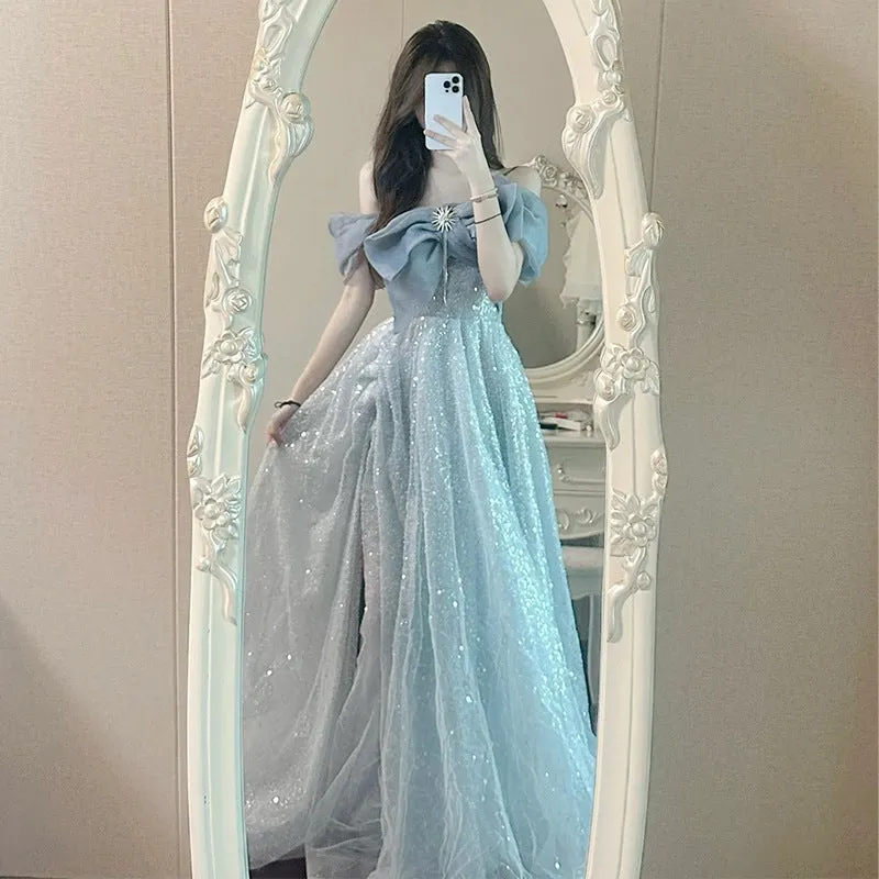 IKEARLAX  Evening Dress  Style Blue Dress for Women  New High-End Affordable Luxury Niche Host High Sense Art Exam Adult Gift