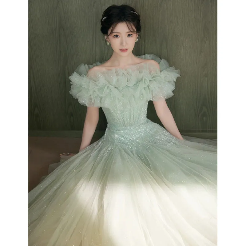 IKEARLAX  Green Evening Dress High-End Affordable Luxury Niche Mori Style Fairy Student Graduation Beauty Art Exam Performance Costume High Sense